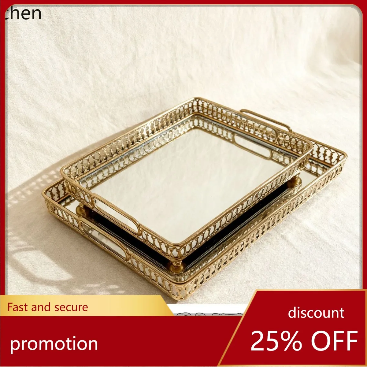 

H1 Mirror Glass Plate Gold-Plated Iron Storage Tray Home Living Room Decorative Fruit Plate