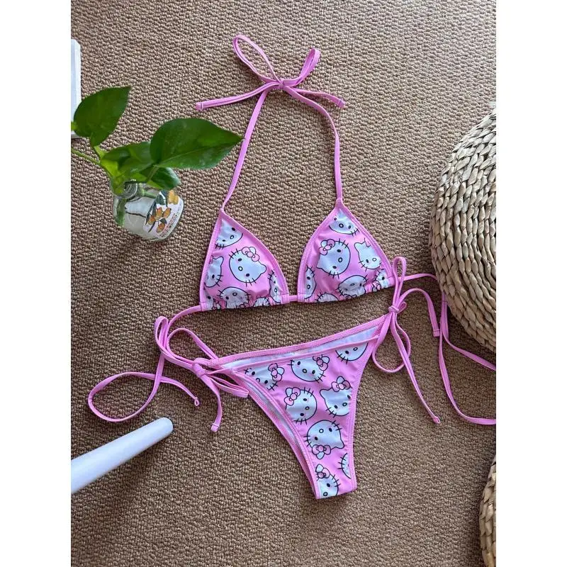 Anime peripheral cat pattern bikini set summer beach soft edge lace up underwear swimsuit cute and comfortable 2K style girl gif - view 5