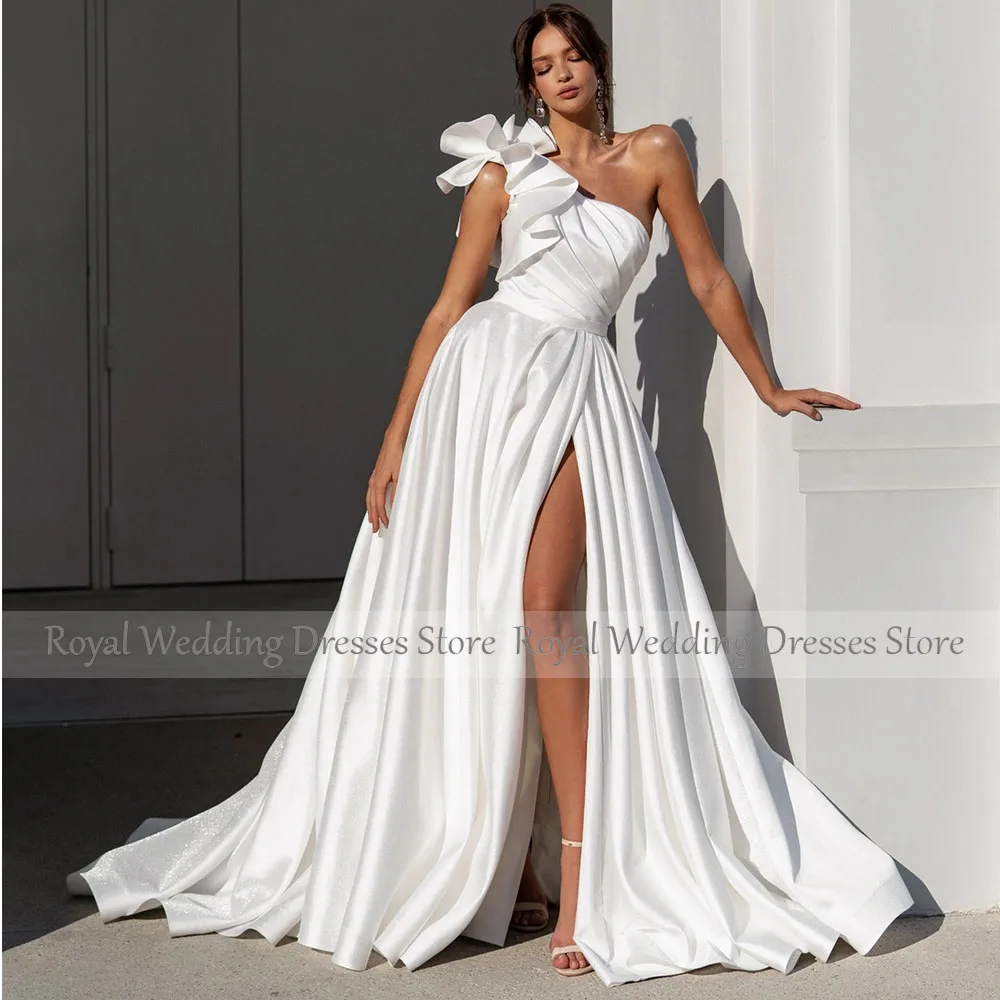 One Shoulder Wedding Dress For Bride A Line With Flowers Wedding Gowns Sleeveless Bridal Dresses Long