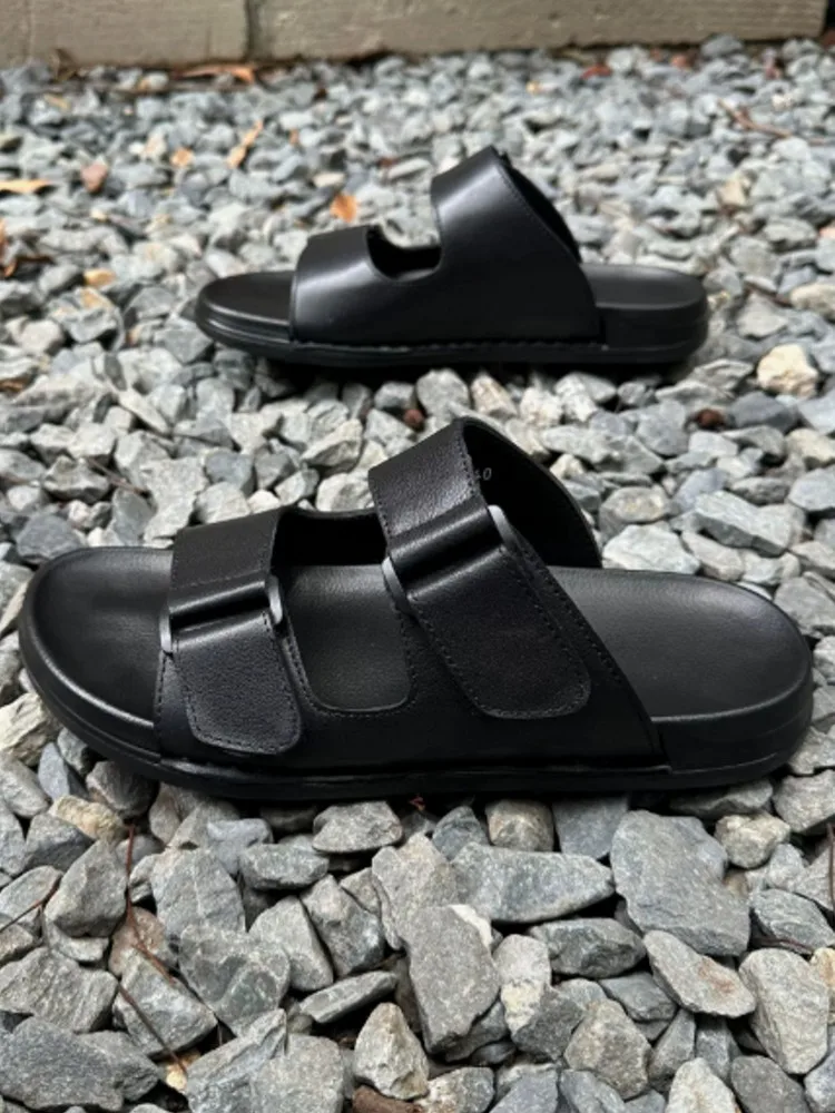 Korean Style Men Summer New Hook Loop Genuine leather Slippers Flats Beach Slides Casual Shoes Open Toe Breathable Male Slippers