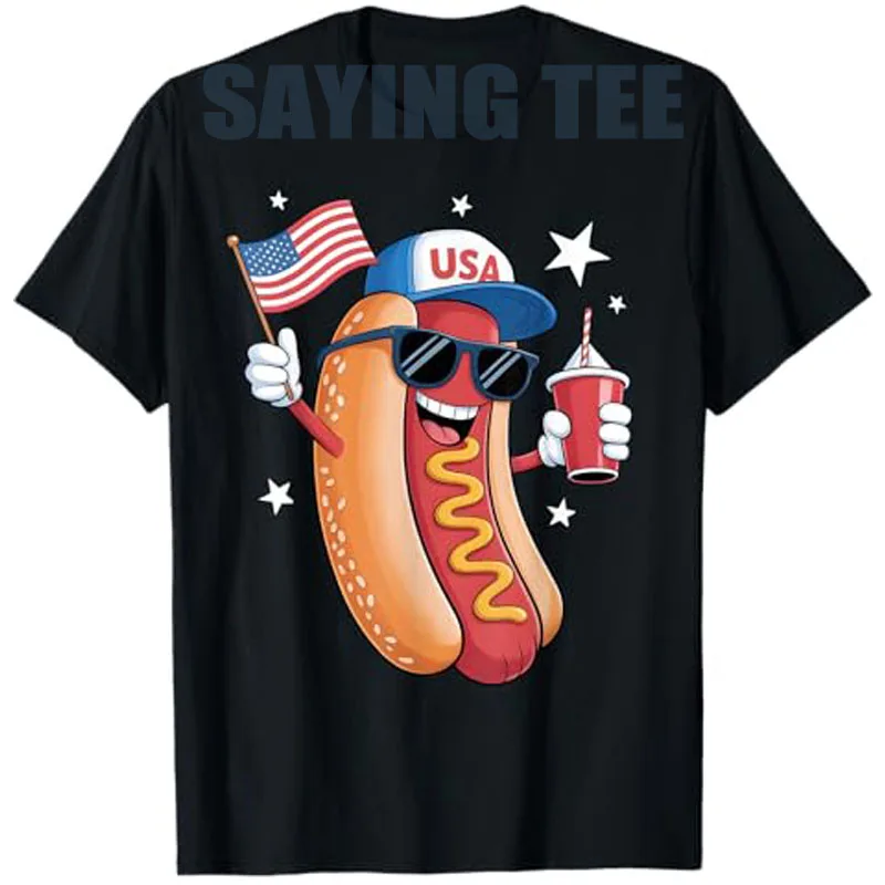 

4th of July Hotdog Funny Fourth of July Patriotic USA Flag T-Shirt Hot Dogs and Firework Family Matching Party Clothes Novelty