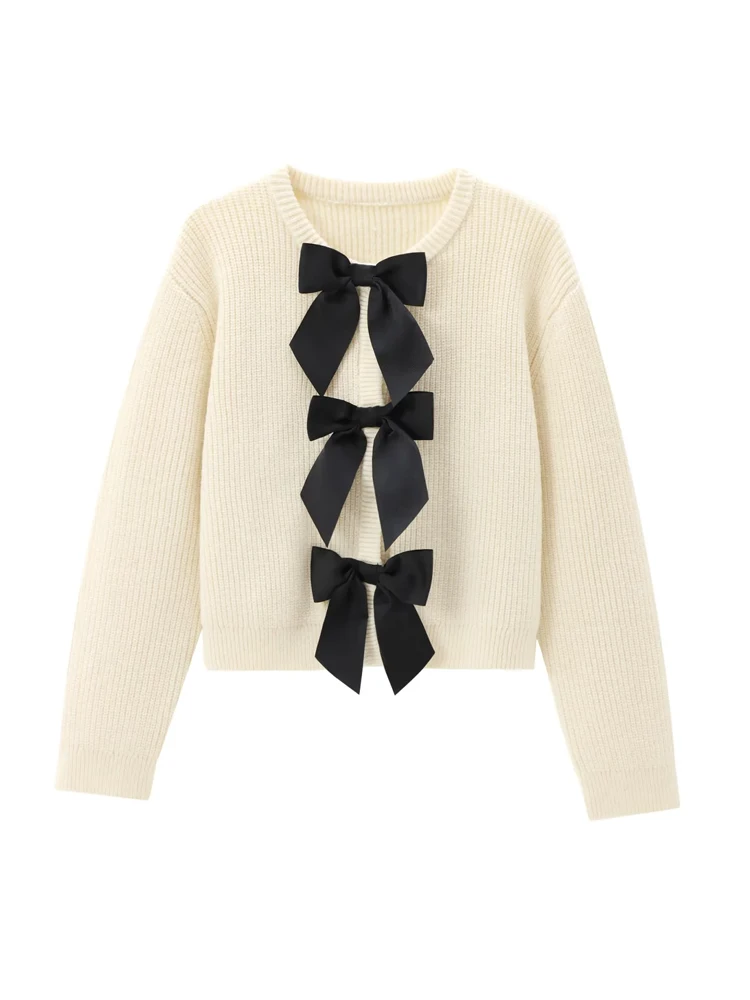 KAOPU ZA Women with bow knit cardigan vintage o-neck long sleeves female outerwear chic tops