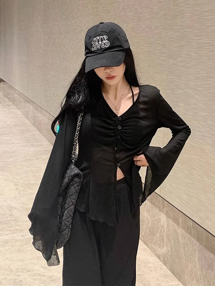 High Street Casual Tees Black Gothic Flare Sleeve Casual T-Shirt Women V-Neck Streetwear Gyaru Clubwear Coquette 2000s Aesthetic