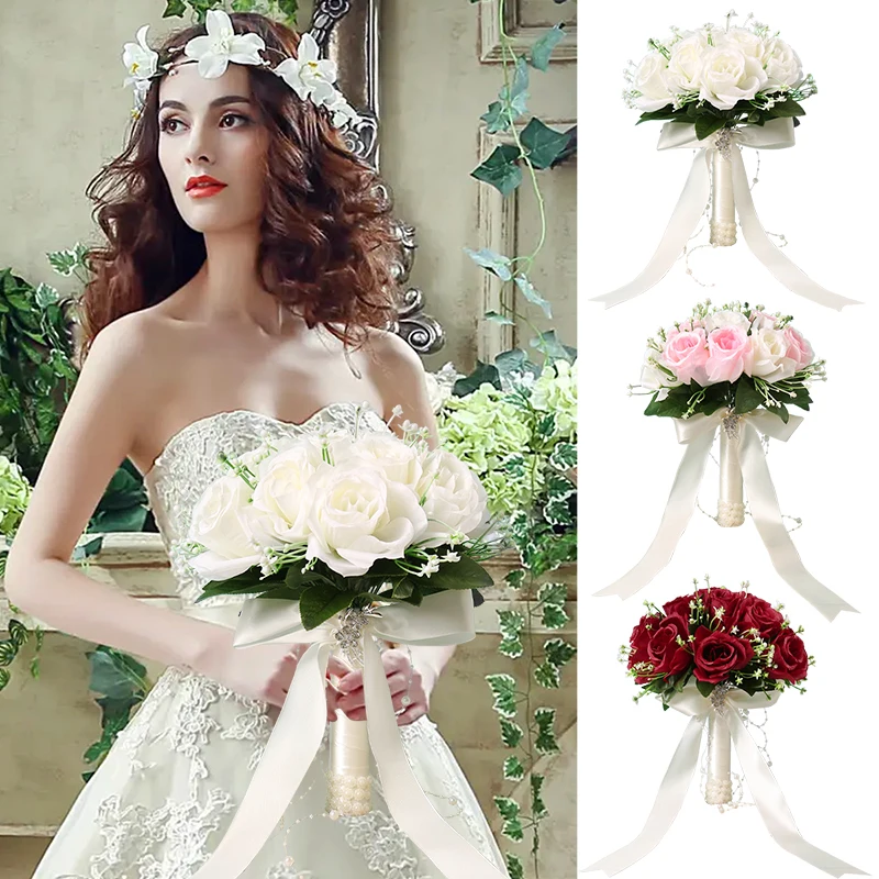 1PC Wedding Bridal Bouquet Artificial Rose Pearl Chain Rhinestone Logo Simulated Bouquet Valentine's Day Confession Prop