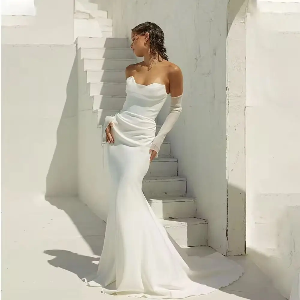 

Customized Sexy V-neck Pleat Soft Satin Sheat/Mermaid Wedding Dresses Bridal Grown Detachable Long Sleeves Vestido De Noival