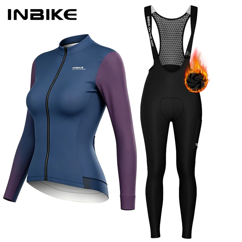 INBIKE Damen Winter-Fleece-Thermo-Radsport-Set, langärmeliges Trikot und hochtaillierte Latzhose mit mehreren Taschen für Rennräder