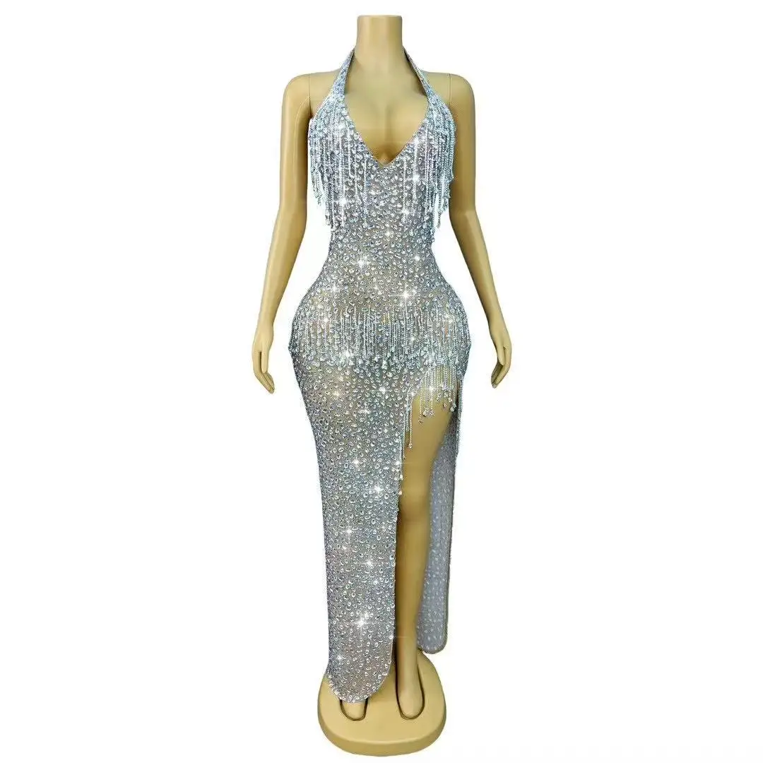 

Rhinestones Crystals Chain HeavyLuxury Gowns Sexy V-neck Backless Dress WomenParty Show Photoshoot Stage Wear C446