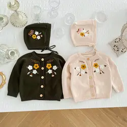 2024 Autumn New Girl Infant Knitting Cardigan Embroidery Flower Sweater Boy Toddler Long Sleeve Tops Coat Children Cotton Jacket