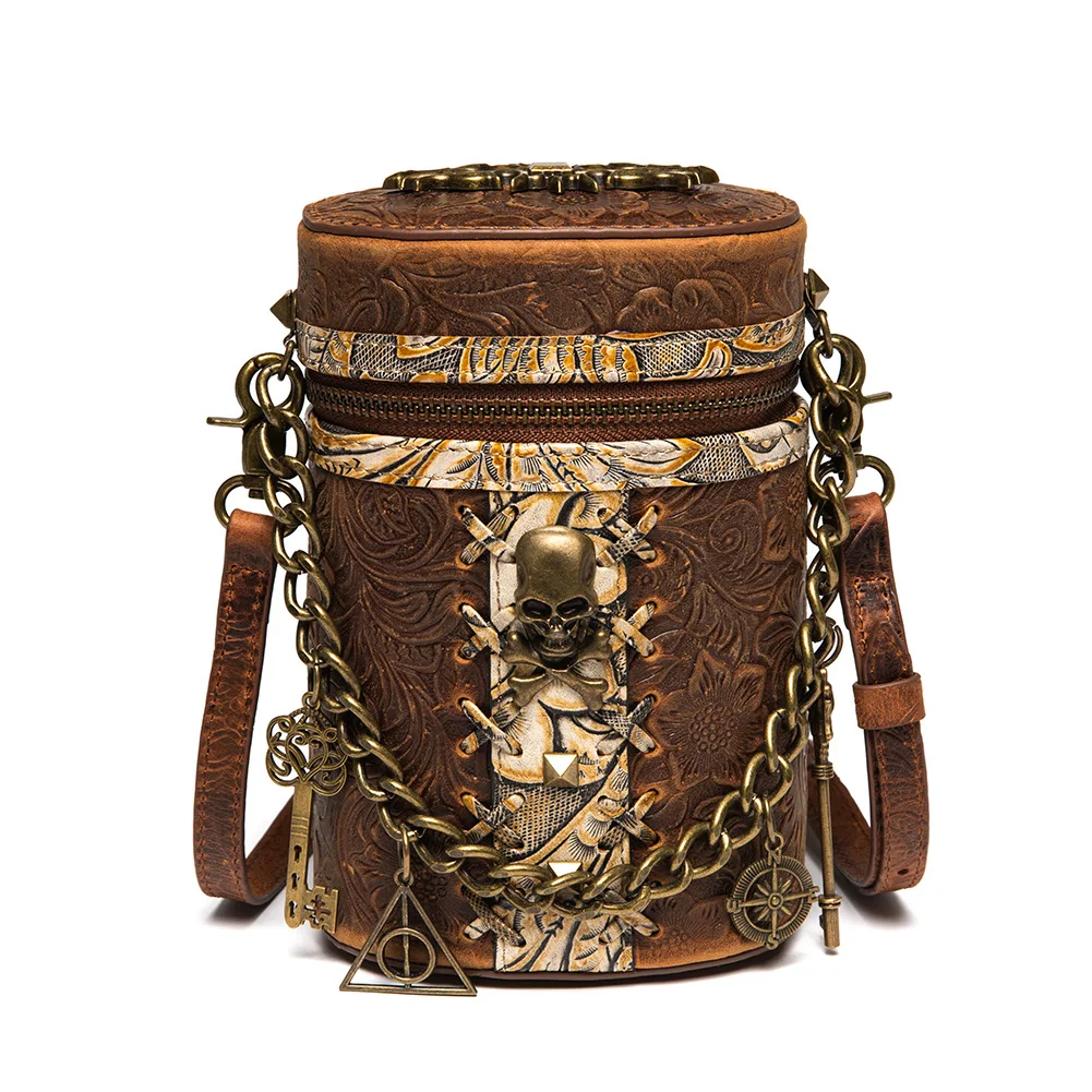 Gear Duke Woman Leather Bucket Medieval Steampunk Messenger Bag Retro Punk Waist Bag Skull Decoratived Chain Single Shoulder Bag