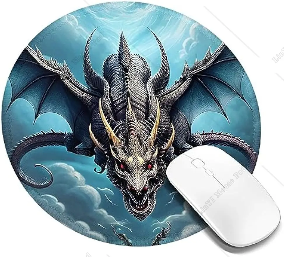 Evil Flying Dragon Mousepad Non-Slip Base Sewed Edge Round Gaming Mouse Pad Waterproof Mousepad for Laptop Office Work Home Gift