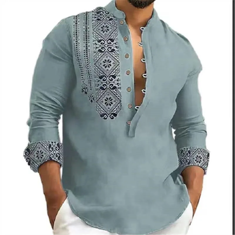 Nueva camisa de manga larga con 7 botones para hombre, camisa con botones, camiseta holgada Henley con cuello en V para playa, camiseta para hombre, Material de alta calidad