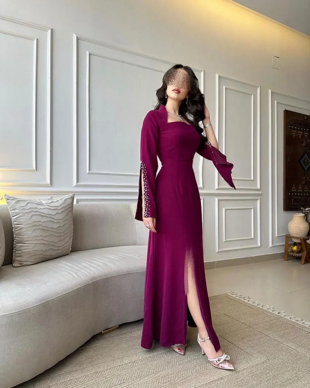 Purplish Red Dresses Saudi Arabia Square Neck Prom Dresses Mermaid Beaded Long Sleeves Side Slit Floor Length Evening Gowns