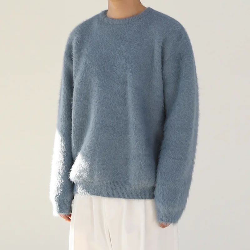 SYUHGFA 2024 Autumn Winter Round Collar Mohair Sweater Loose Korean Style Vintage Kintted Sweater Pullover Men Clothing