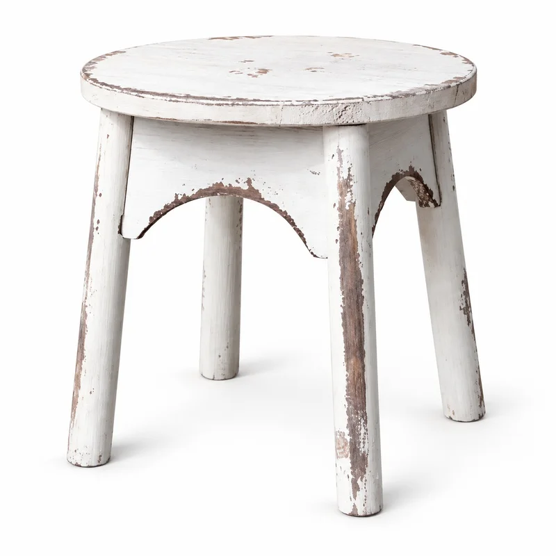 Rustic White Wooden Stool, Handmade Solid Fir Round Farmhouse Seat, Distressed Vintage Plant Stand, 30cm
