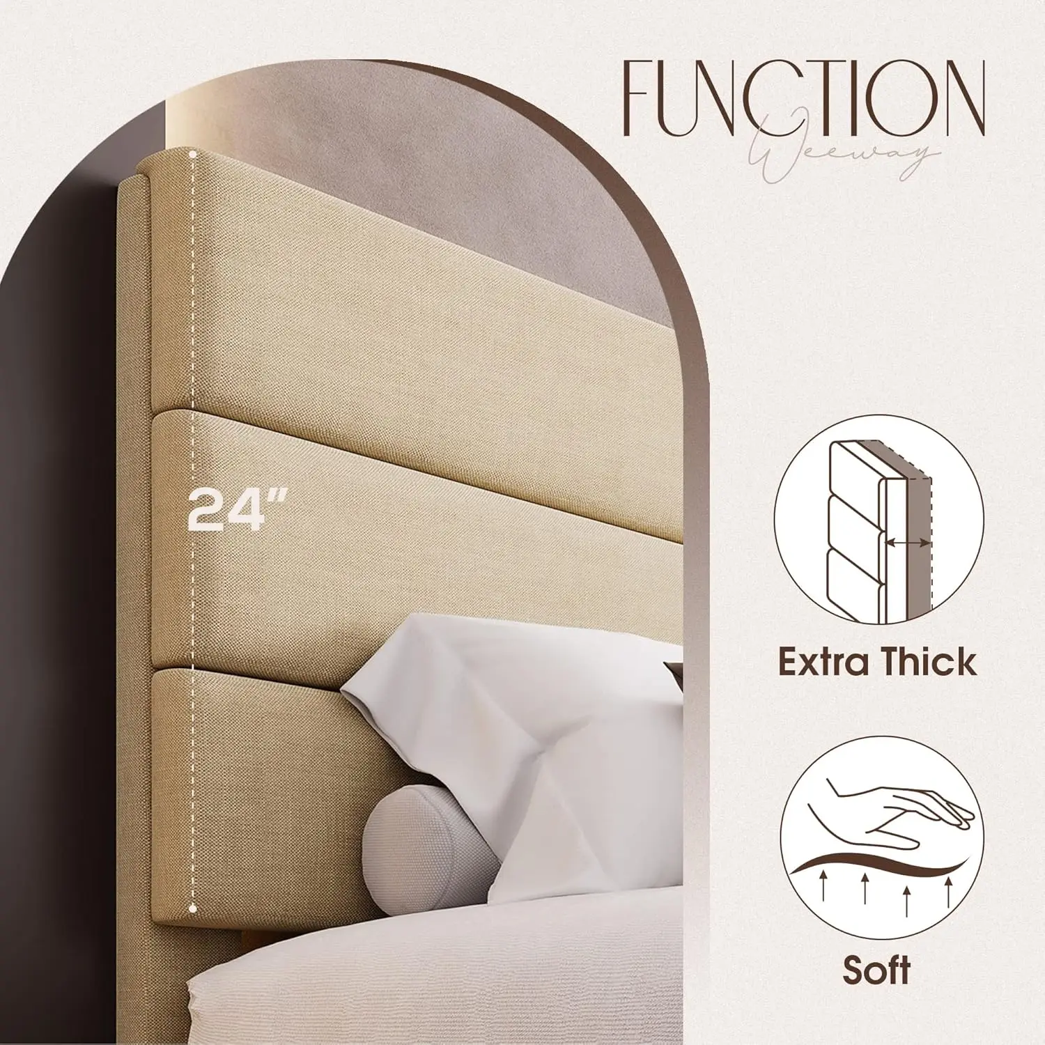 Extra large bed frame platform bed, equipped with soft cushion headboard and wooden support, easy to assemble, beige color