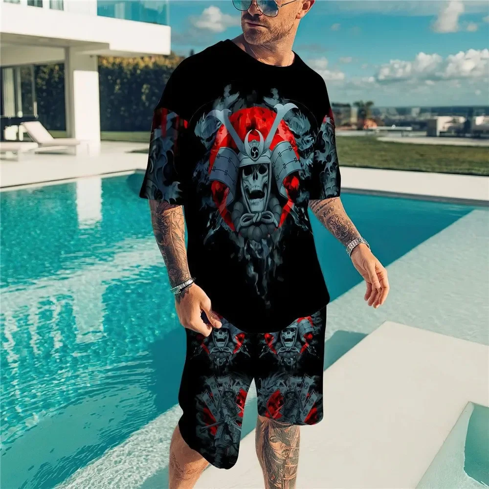 2024 New Summer 3D Skull Printed Trendy T-shirt Sports Suit New Fashion Harajuku Niche Comfortable Home Men's Short Sleeve Short