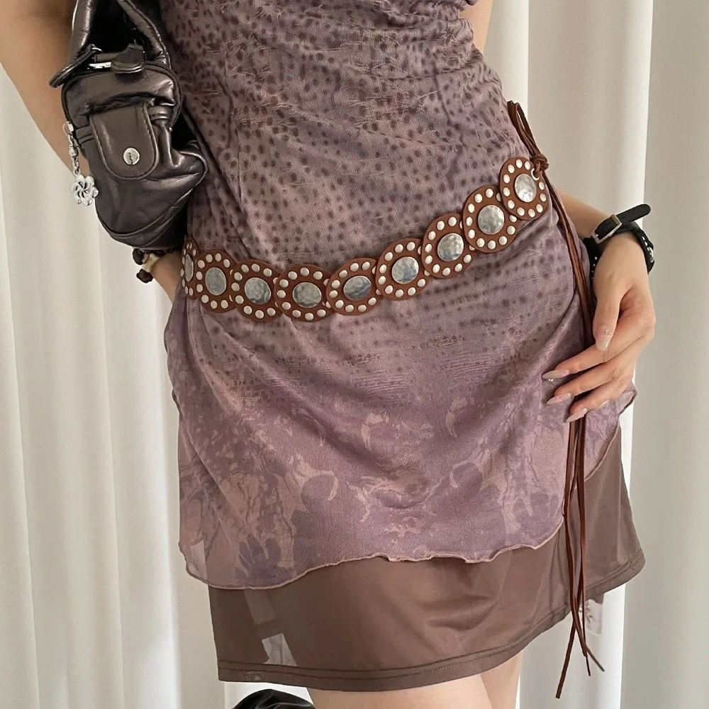 

Trendy Vintage Women's Rivet Belt Round Black Coffee Leather Waist Belt Wide Heavy-Duty Dress Jeans Belt Spicy Girls