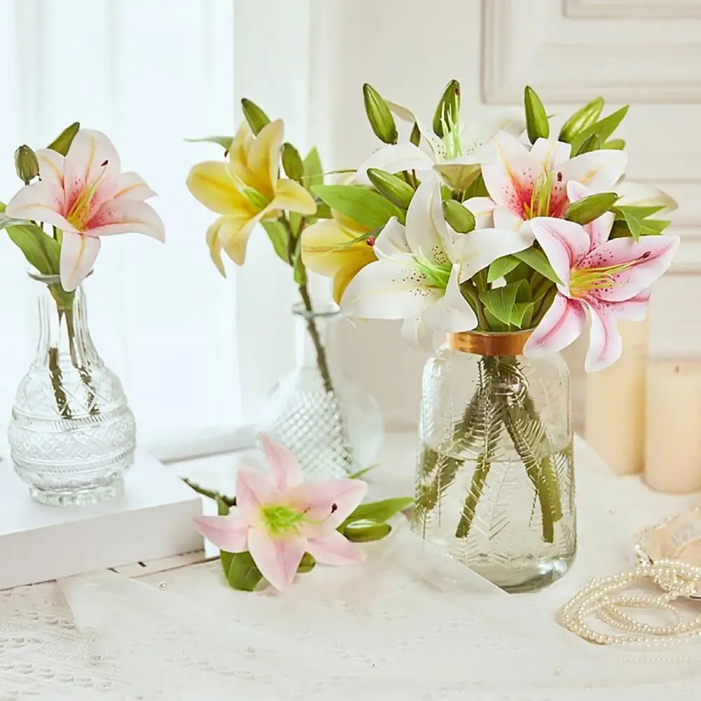 Artificial Lily Branch with Stem Green Leaves Home Wedding Party Faux Flower Floral Arrangement Indoor Outdoor Decoration Photo