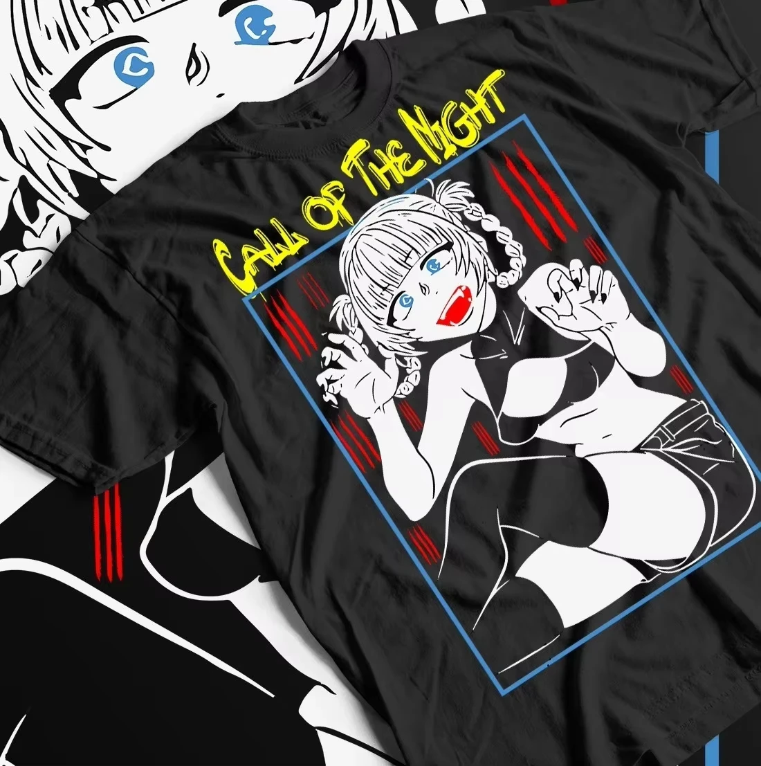Call of The Night Single Sided T-shirt Nazuna Nanakusa Vampire Anime Print Oversized Cotton Tee for Night Life Seinen Anime Fans