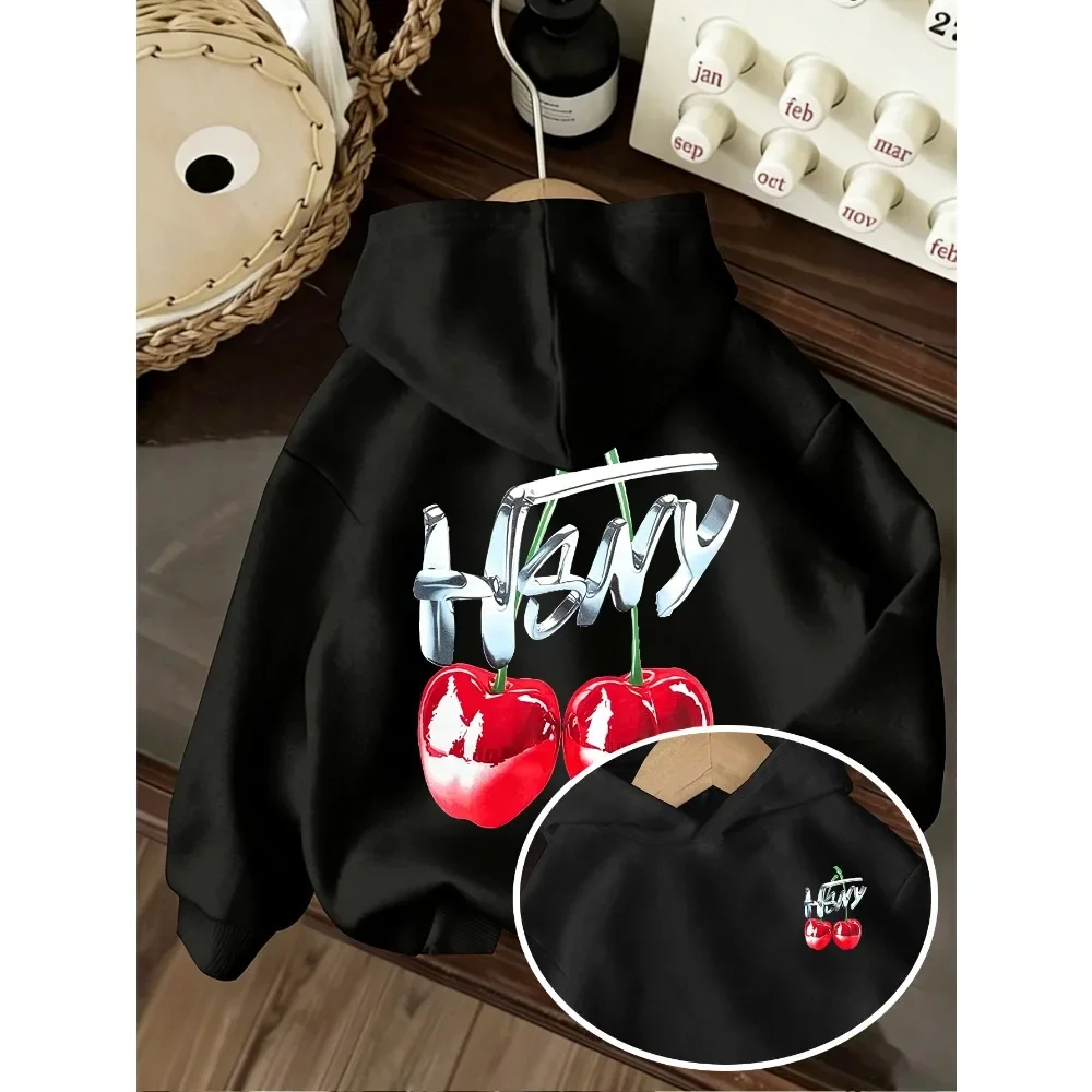 Casual children's hoodie featuring cherry and letter prints—new autumn/winter sweatshirt for boys and girls.