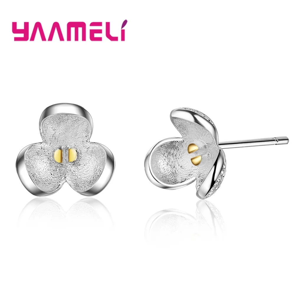 Temperament 925 Sterling Silver Frosted Three-Petal-Flower Stud Earrings for Women Girls Anniversary Party Fashion Jewelry Gifts