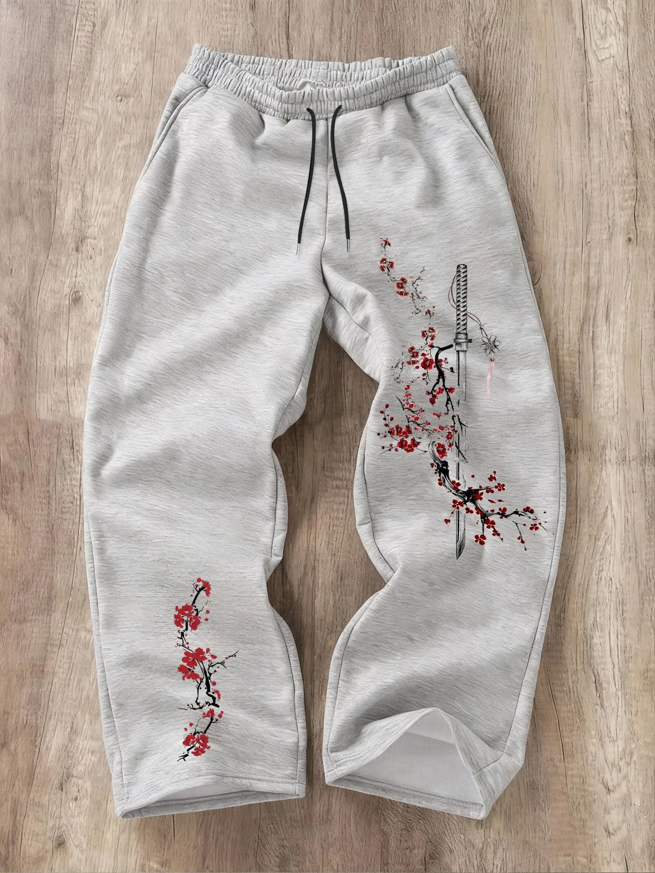 2026 New Men Baggy Wide Leg Sweatpants Cherry Blossoms Print Drawstring Elastic Waist Casual Joggers Streetwear Long Trousers