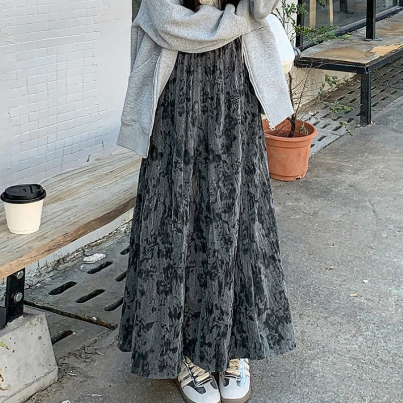 Seoulish Herbst Winter Woolen frauen Regenschirm Lange Röcke 2025, Neue Lose Vintage Floral Gedruckt Plissee A-linie Röcke Weibliche