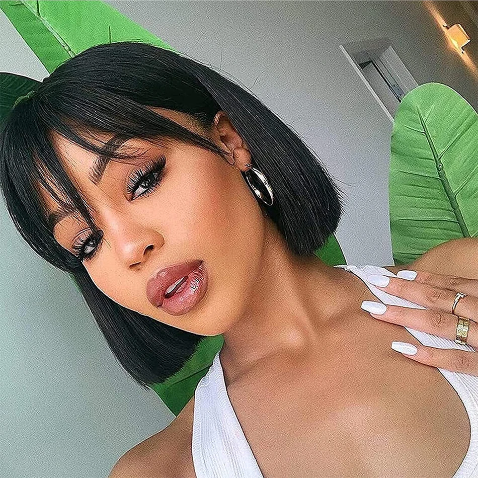 

Glueless Human Hair Bob Wigs with Bangs 180% Density Short Straight Machine Made Wigs with Fringe Human Hair Wigs for Women