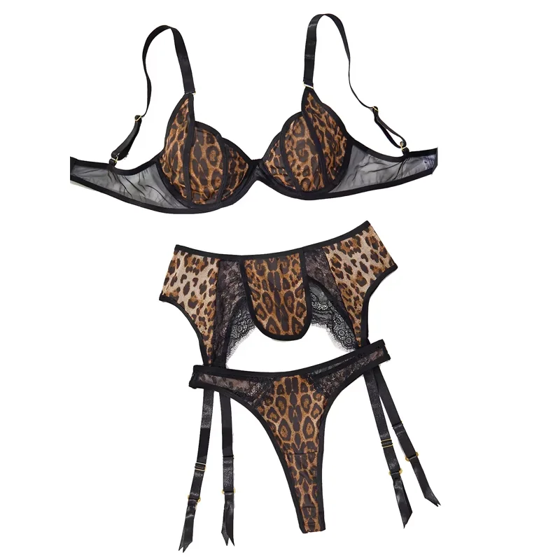 MUZISKAT 2025 Fashion New Lace Splicing Sexy Leopard Suit Low-Cut Gathered Erotic Lingerie Three Pieces Onlyfans