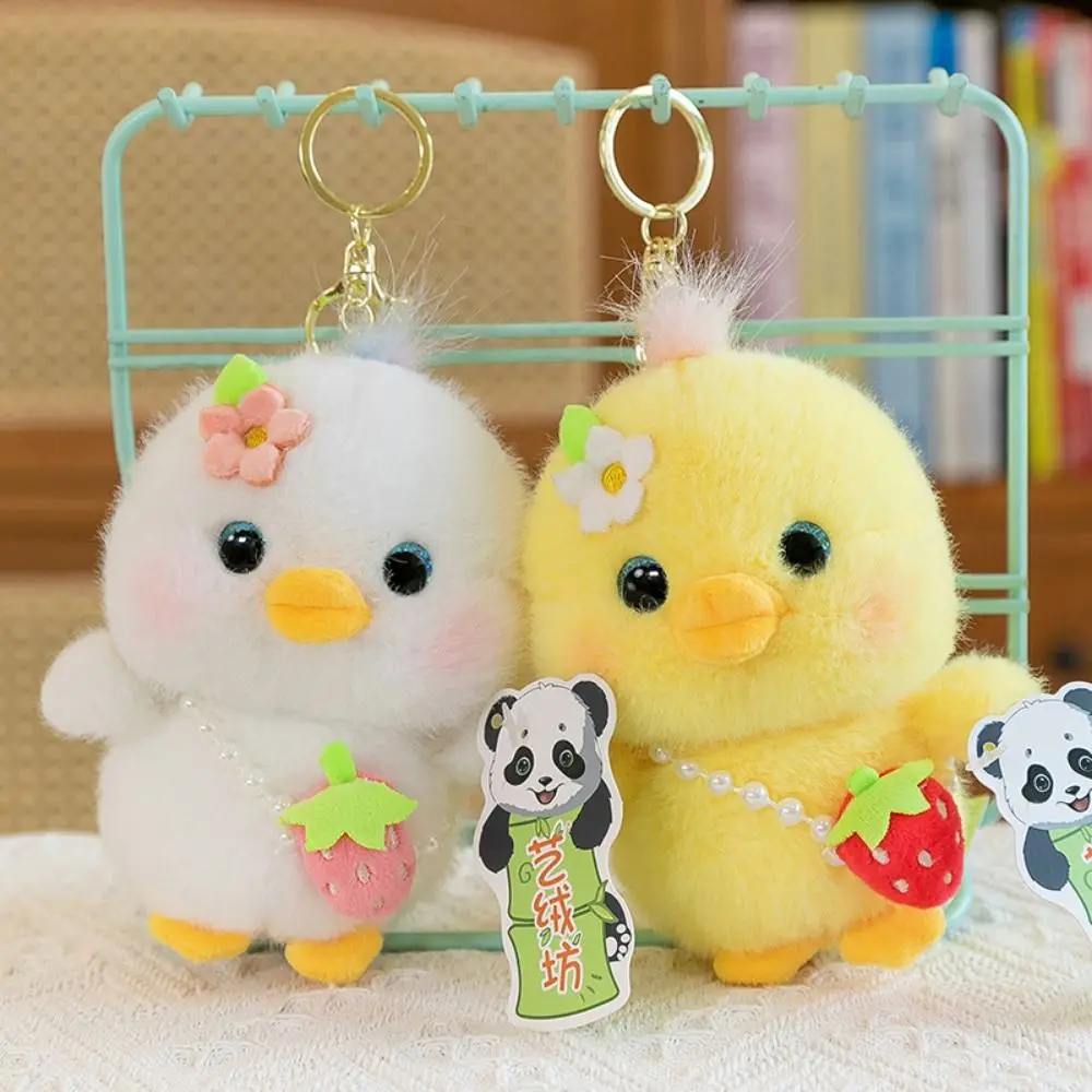 

3d Eyes Duck Plush Keychain Strawberry Hairy Pressing Music Plush Pendant Stuffed Simulation Yellow Duck Plush Keyring