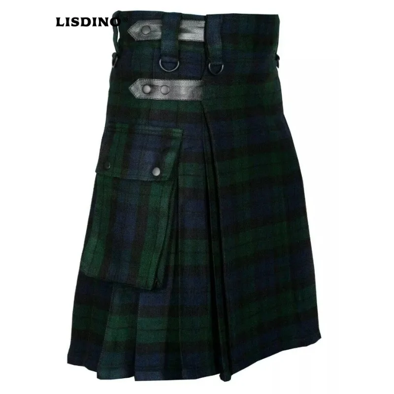 고품질 패션 남성용 멋진 포켓 킬트 단색 고딕 킬트 빈티지 전사 카고 킬트 메탈 벨트 플리츠 스커트