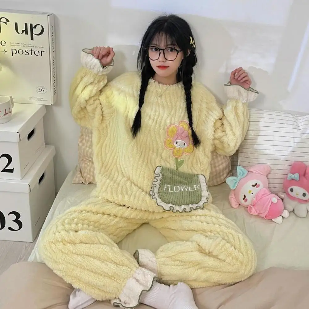 Kawaii Kuromi Pajama Set Sanrioed Anime Women Plush Home Clothes Cartoon Winter Thickened Long Sleeves Pants Girl Cute Keep Warm