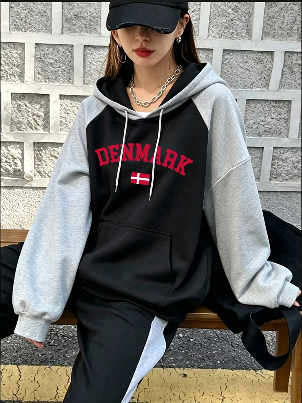 Denmark Flag Letter Printed Collision Hoodies Womens Winter Fleece Warm Sweatshirt Casual Loose Pullover Basics Pocket Clothes