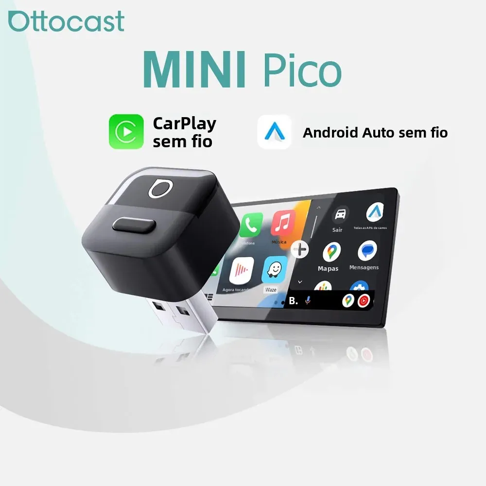 Ottocast mini pico sem fio carplay android adaptador automático plug play wifi bluetooth conexão automática para vw toyota nissan honda ford