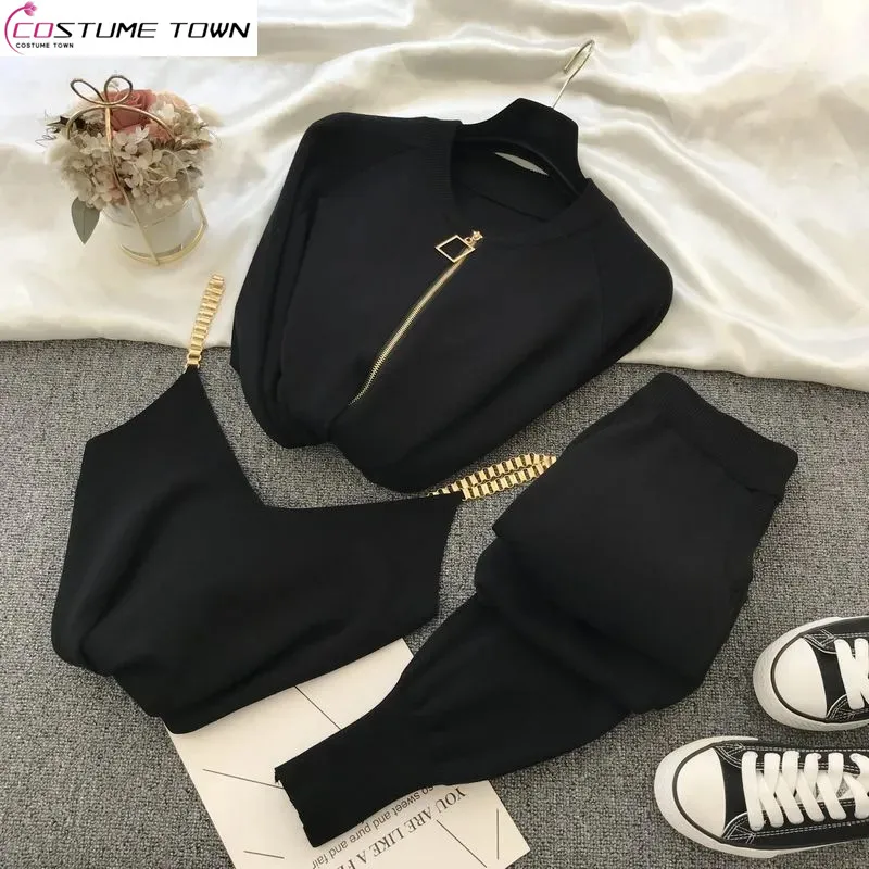 

2023 Spring/Summer Han Fan Sweet Temperament Chain Tank Top Knitted Coat+Small Foot Elastic Pants Three Piece Set