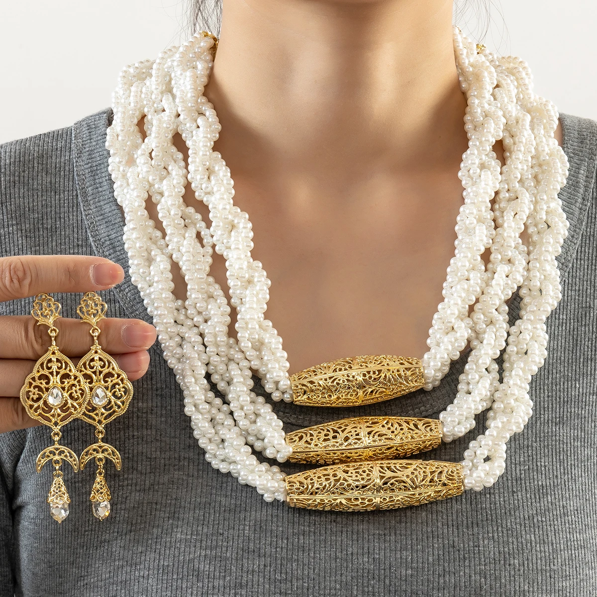 

Gorgeous Arabic Style Imitation Pearl Necklace Earrings Jewelry Set Handmade Synthetic Pearl Gold Plated Zinc Alloy