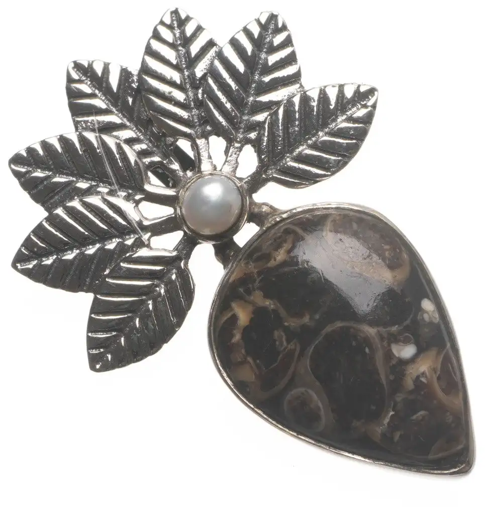 

StarGems Turritella Agate and River Pearl Leaf Handmade Vintage 925 Sterling Silver Pendant 1 1/2" T2075