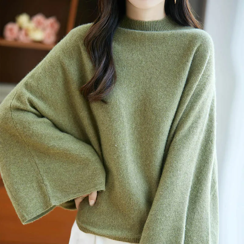 

Loose Women's Clothes 100% Merino Wool Mock Neck Bat Sleeve Sweater Women's Autumn Fashion Knitted Pullover Solid Color Top
