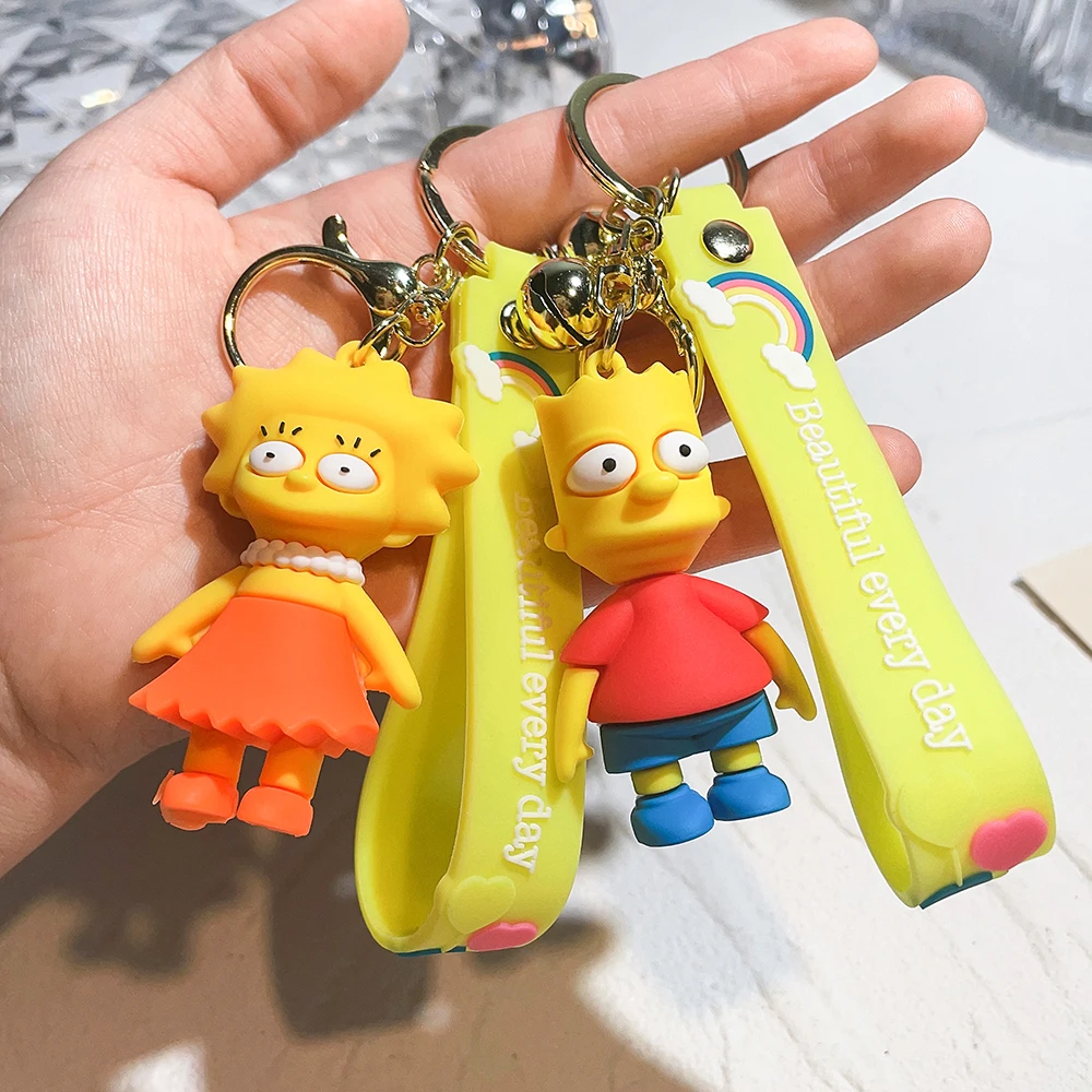 Disney The Simpsons Anime Figure Silicone Keychain Bart Simpson Cartoon Doll Pentand Keyrings for Car Accessories Gift for Kids