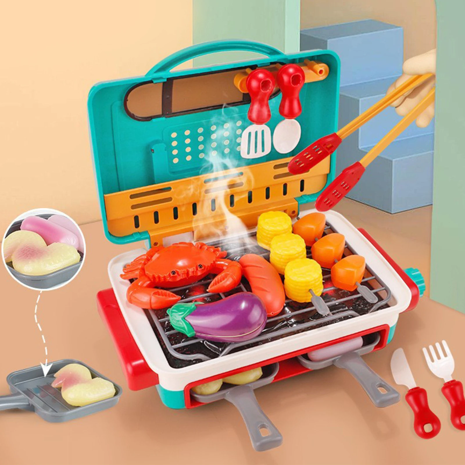 Crianças brincam brinquedos de cozinha com luz de fumaça som & mudança de cor comida churrasco brinquedo jogar acessórios de cozinha para crianças presentes de natal