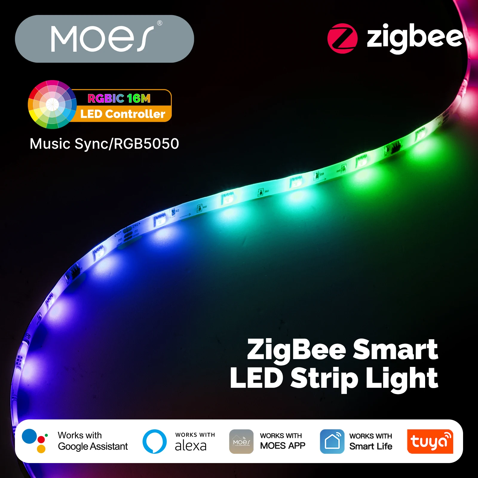 

MOES Tuya ZigBee Умная светодиодная лента RGB5050 Контроллер для вечеринки Синхронизация музыки 16 миллионов цветов Меняющая работа с Alexa GoogleHome