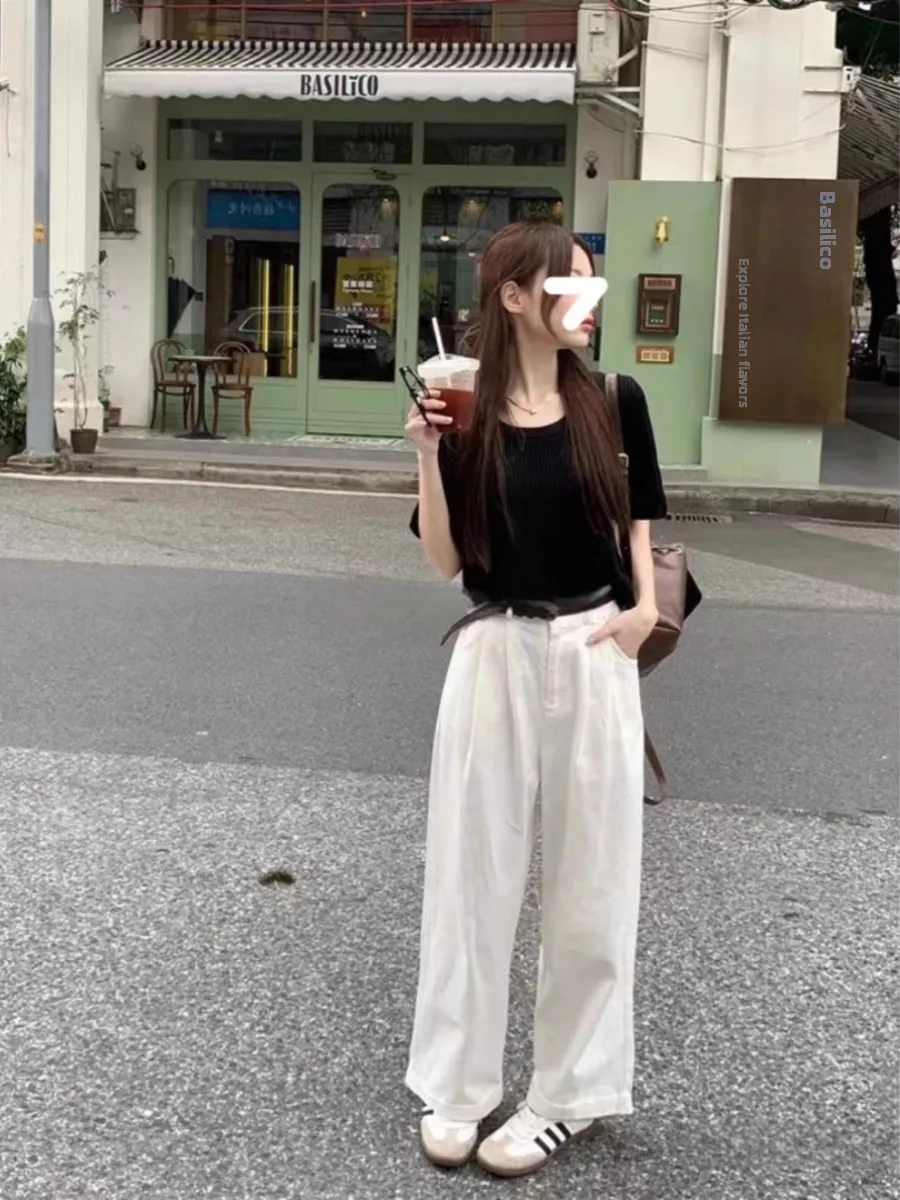 เสื้อยืดไหมน้ำแข็งถักลาย U-Ne สำหรับผู้หญิง ดีไซน์แฟชั่น ไซส์เล็ก ความยาวคลุมไหล่ สไตล์ลำลองแบบเกาหลี