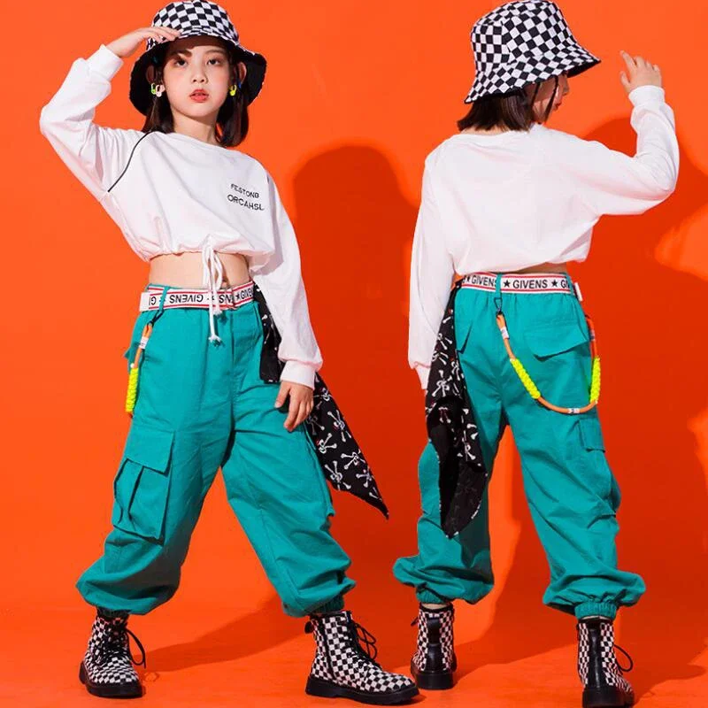 Costumi abbigliamento da ballo per sala da ballo abbigliamento da carnevale abbigliamento Hip Hop per bambini felpa bianca Crop Top pantaloni Cargo ragazze Jazz Dance