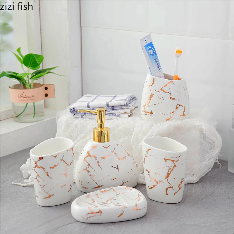 6/7pcs set Gold marble ceramics Bathroom Accessories Set Soap Dispenser/Toothbrush Holder/Tumbler/Soap Dish Bathroom Products