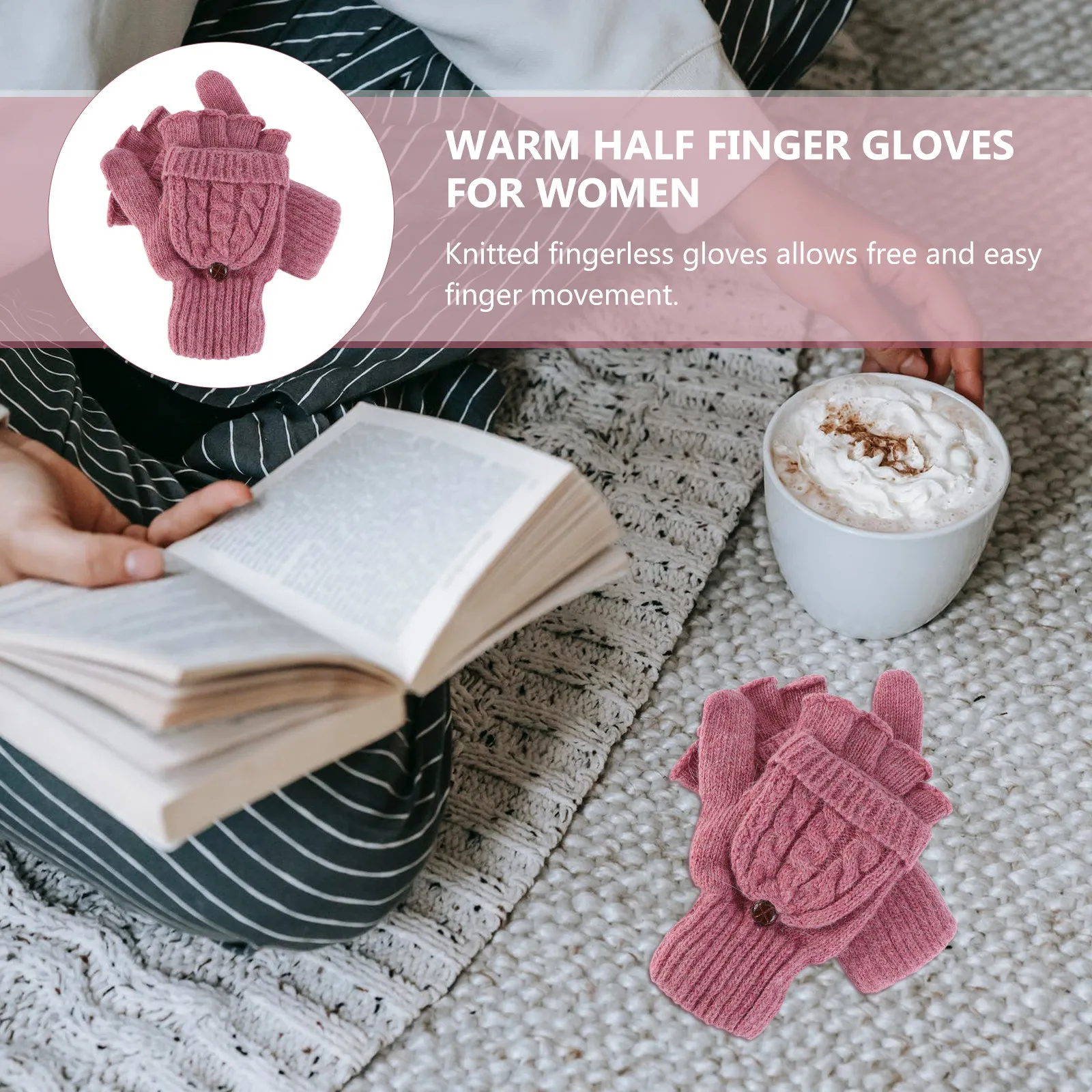 

Women Winter Warm Wool Beige Knitted Semi Finger Gloves Convertible Fingerless Mitten Cover Knit Gloves Portable