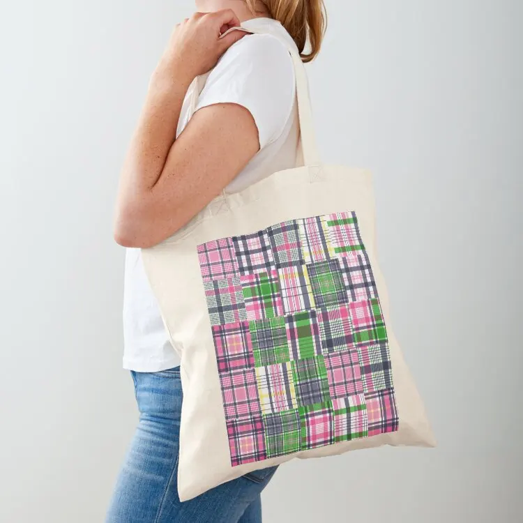 

Summer Plaid Pink Madras Patchwork Tote Bag Shopping bags Lady bag shopper bag women Reusable bags