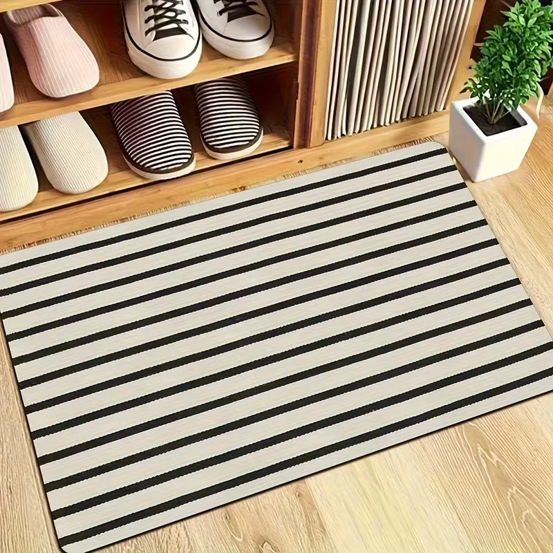 Classic Wide Black White Striped Doormat Non Slip Entry Rug Minimal Modern Stripes Pattern Floor Mat Entry Kitchen Home Decor