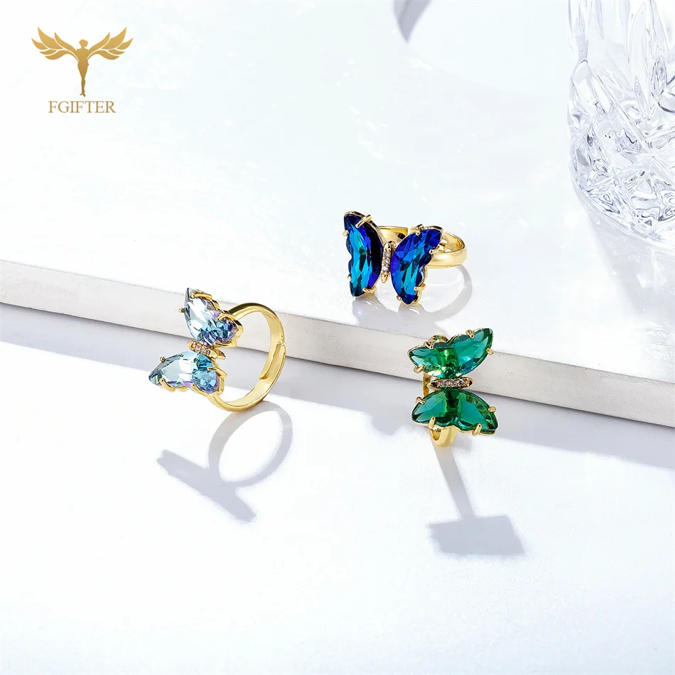 18 Colors Zircon Butterfly Rings For Women Girls Luxury Gold Color Copper Hand Finger Jewelry Accessories Adjustable Size Gifts