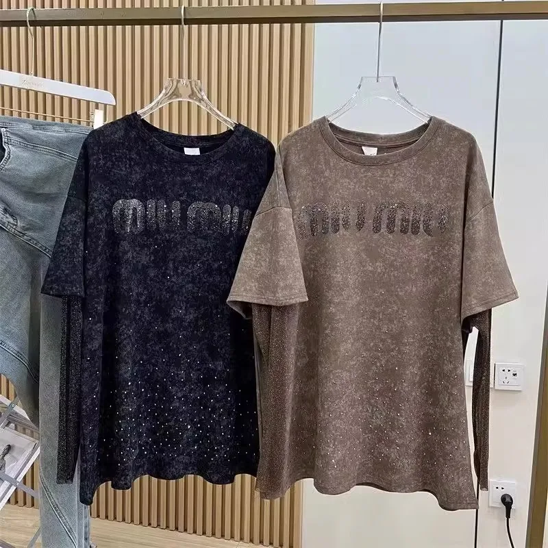 

Футболка большого размера, осенняя новая коллекция, тяжелая футболка с ромбовидной надписью, искусственная двухсекционная кружевная футболка с длинным рукавом, женские топы в стиле Харадзюку