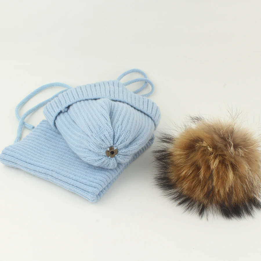 Winter-Wollmütze mit Nackenschutz 2-teiliges Set Echte Fuchsfell-Mütze für Kinder Jungen Mädchen Dicke Fleece Warme Gestrickte Gestreifte Ohrenklappe Baby Skullies Mütze – Detail 32